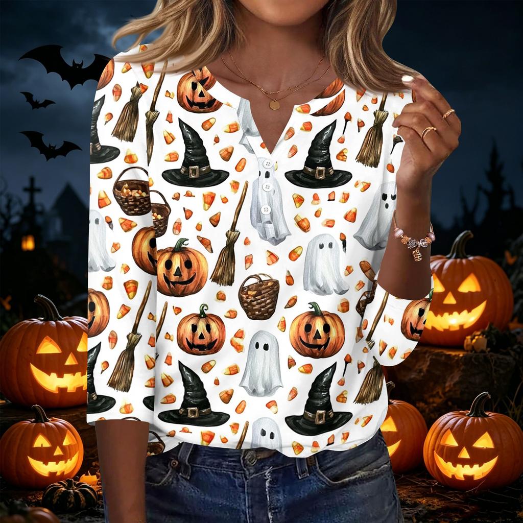 Women Casual Halloween Print V Neck Button Three Quarter Sleeve T Shirt Top Lightweight Comfortable Fit