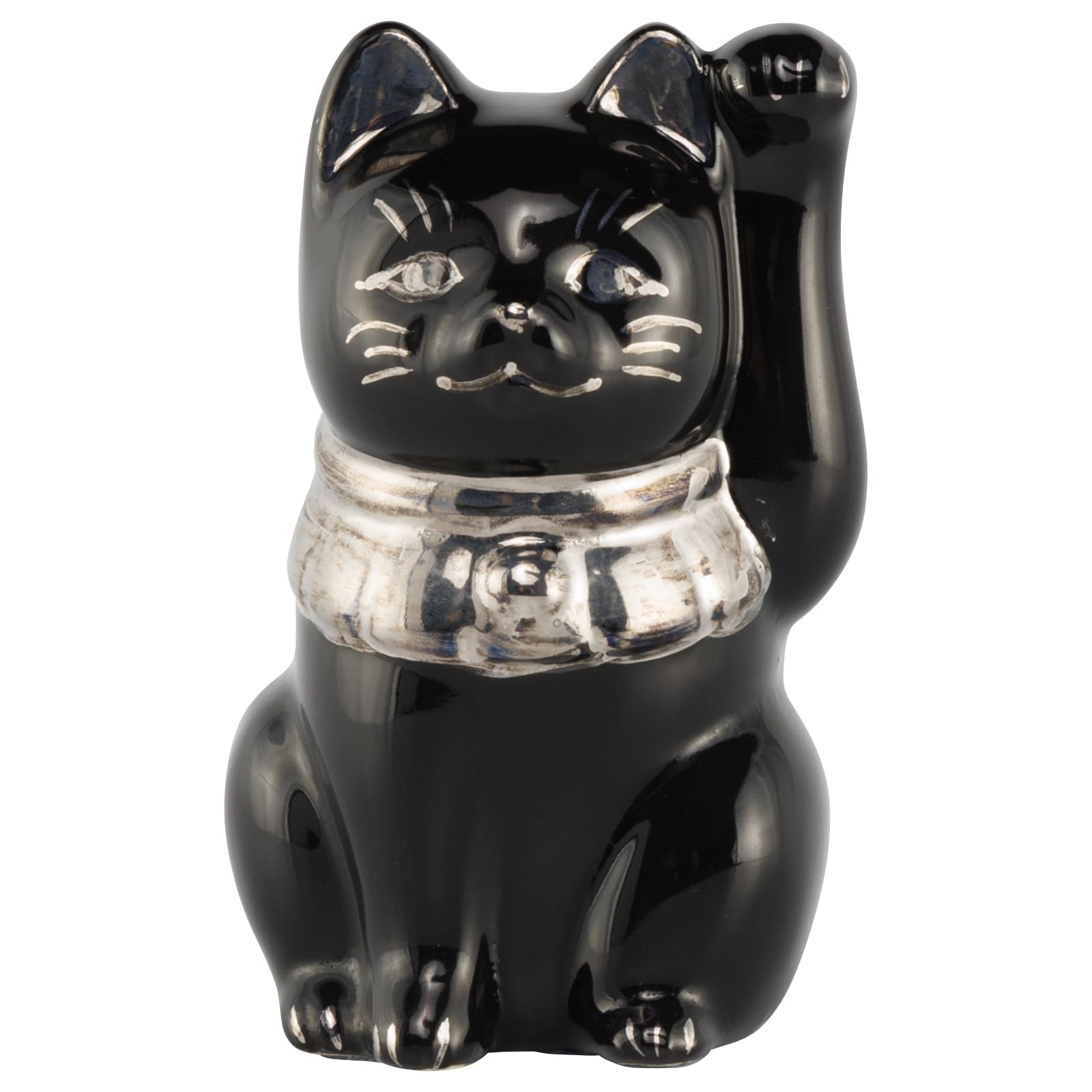 Seto ware left platinum approximately 5cm in diameter x 9cm in mini good luck made in Maneki-neko (beckoning cat) figurine, black, paw, finish,