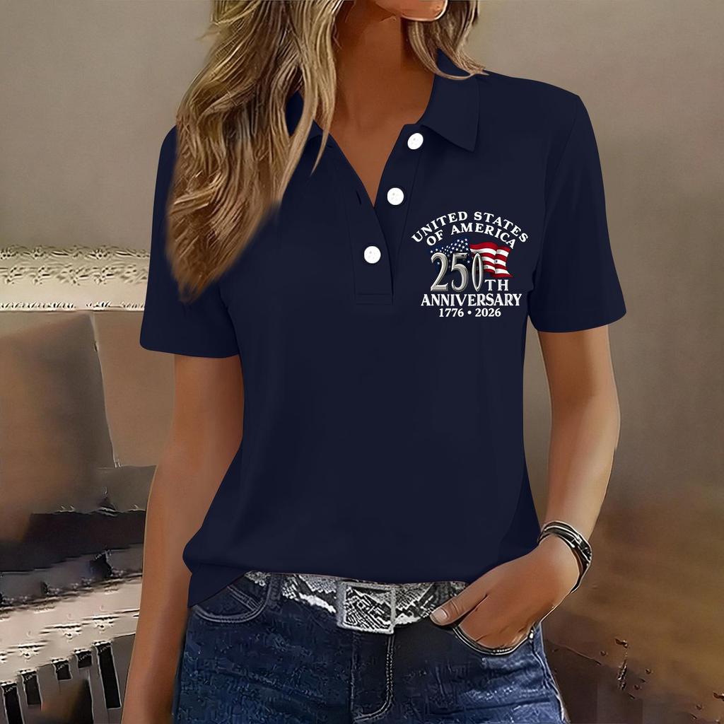 Women's Casual Button Front Short Sleeve Polo Shirt 250th Anniversary United States Printed Top 1776 To 2026 Commemorative Apparel