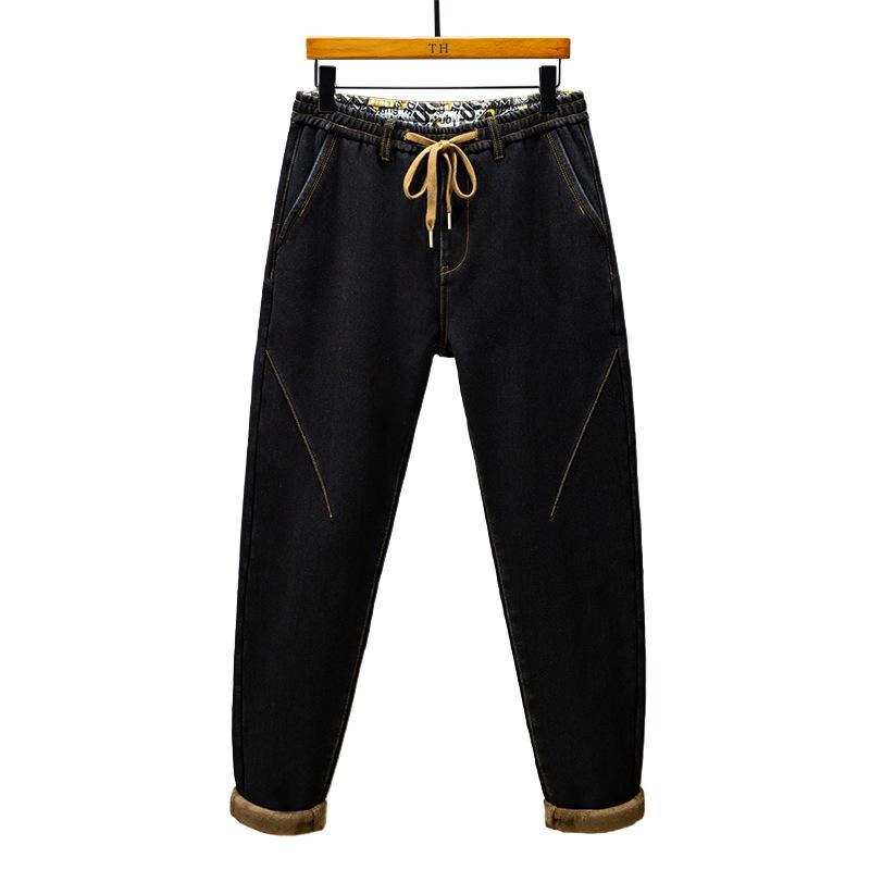 Men's Large Plus Velvet Elastic Waist Harem Jeans - Loose Fit, Thick, Warm Winter Trousers