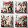 4-teiliges Set, Sofakissenbezüge: Elegante Katzen- und Rosen-Kissenbezüge, Heimdekoration, Lendenkissenbezüge, Füllung nicht enthalten