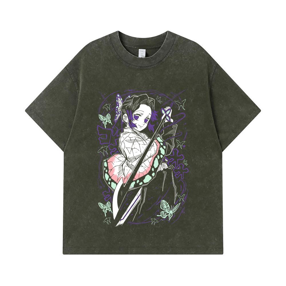 275 GSM Washed T-shirts 100% Cotton Demon Slayer V44 Shibobu Print Unisex Heavy Cotton T Shirt