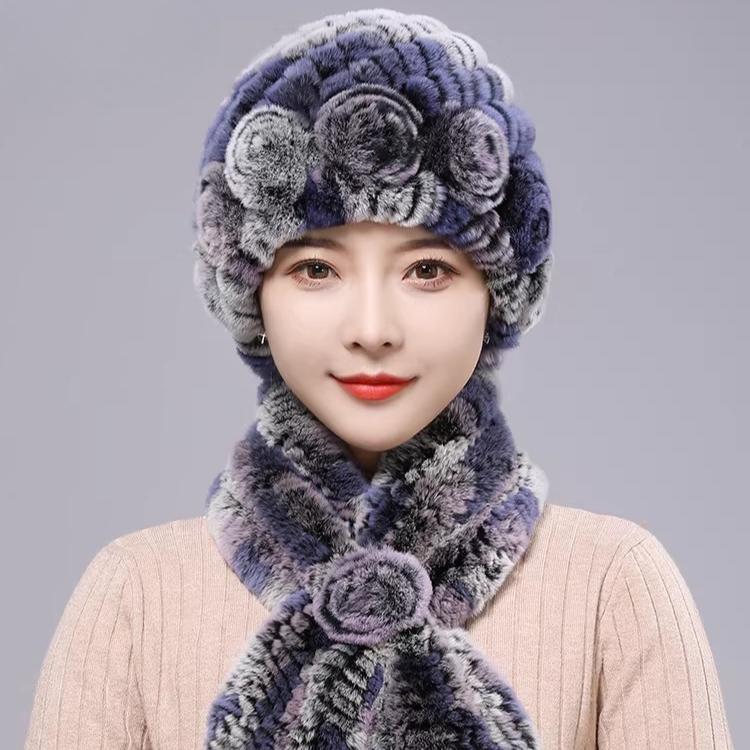 New Rex Rabbit Hair Hat Women's Winter Outdoor Scarf Set Warm Ear Protection Middle-aged and Elderly Fur Fashion