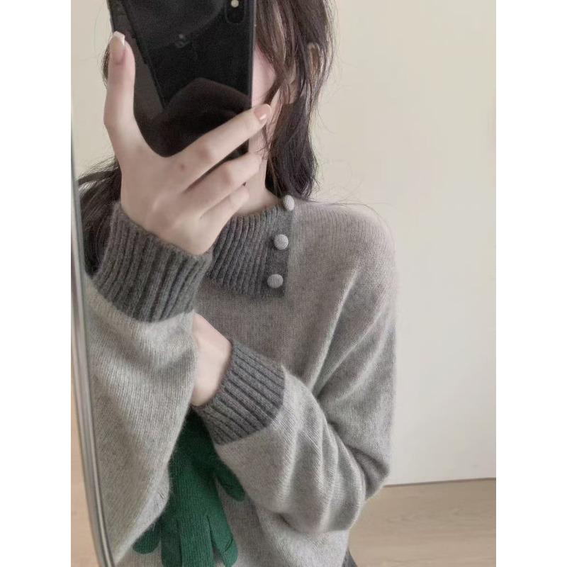 Contrasting color lapel sweater women's winter loose and gentle wind design sense unique knitted backing inner top thick