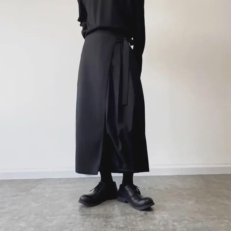 Yohji Yamamoto Pánské černé bojovnické kendo kalhoty-sukně – Rovný široký střih pro jaro a podzim