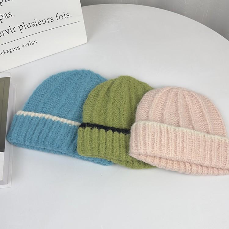 Korean Style Fashion Autumn and Winter Contrasting Hat Wool Hat Warmth Thick Ear Protection Women's Versatile Japanese Knitted Hat Trend