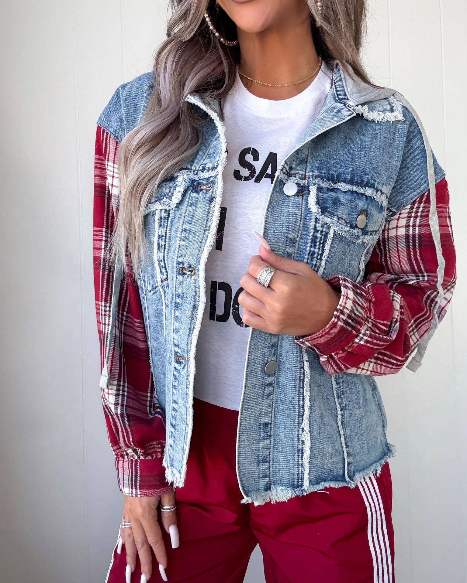 

Женская клетчатая джинсовая куртка с рваными краями - 26 лет, европейский американский осенне-зимний уличный модный стиль, артикул 89384. M синий