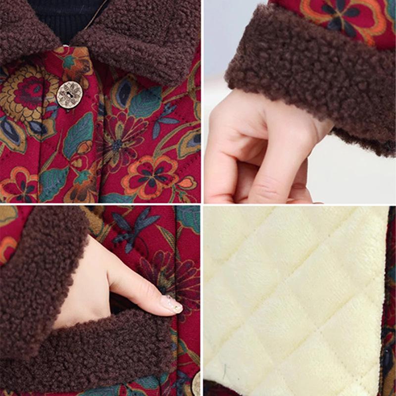 Damen Baumwollmantel mittlerer Länge mit Blumenmuster und Fleecefutter - Winterverdickter Stil für Mittelalte und Ältere