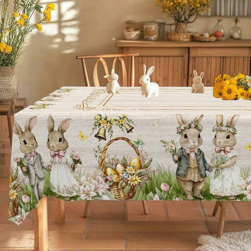 Rustic Easter Tablecloth Bunny Eggs Table Cover Farmhouse Easter Decorations for Home Kitchen Dining Spring Garden Tablecloth