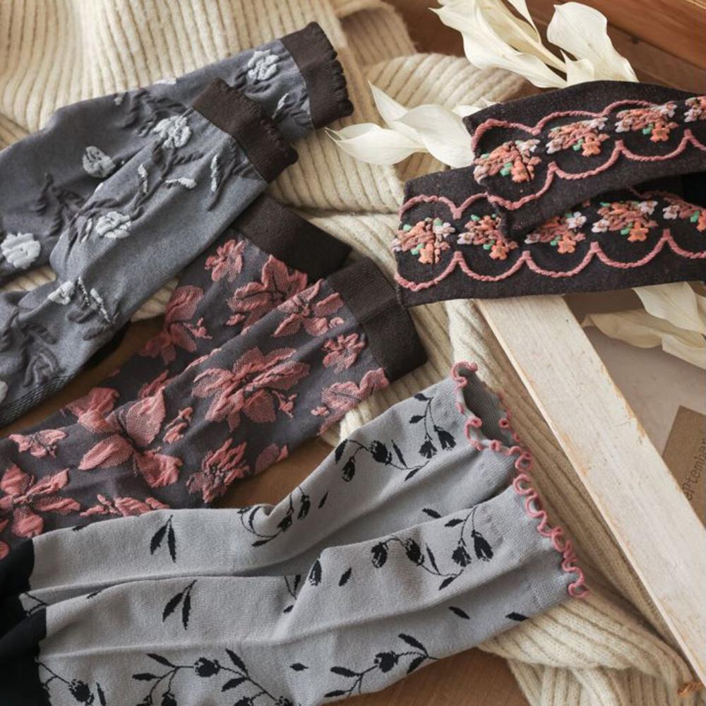 3 Pair Korean Style Women Socks Fashion Flower Printing Autumn Winter Middle Tube Lady Socks Set Soft Comfortable Socks Woman