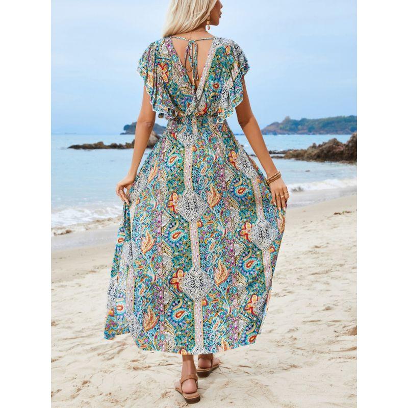 Bohemia Style Front and Back V-neck Tied Elastic Waist Rayon Floral Split Lotus Leaf Sleeve Dress Beach Dress