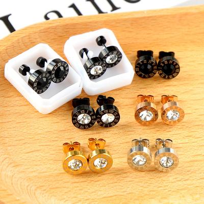 Punk Style Alphabet Stud Earrings Personalized Trend Metal Round Shell Rhinestone Stud Earrings Stainless Steel Earrings
