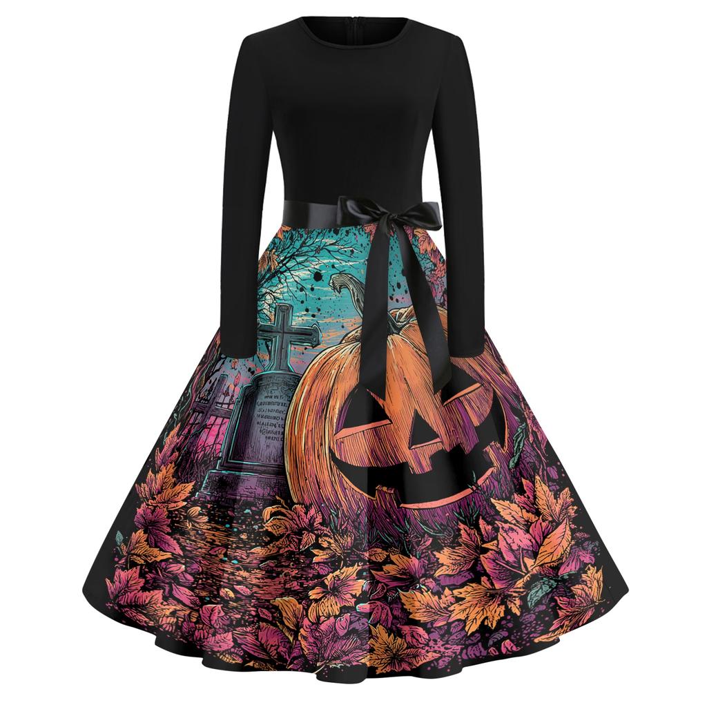 Women's Casual Fashion Round Neck Halloween Printed Vintage Dress
