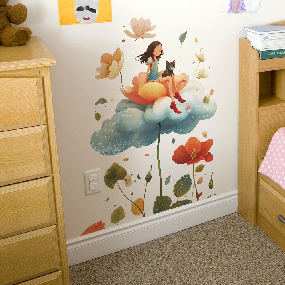 Whimsical Flower Cat Girl Wall Sticker Dreamy Elegant Self-Adhesive Removable Decor for Bedroom Living Room Kids Room
