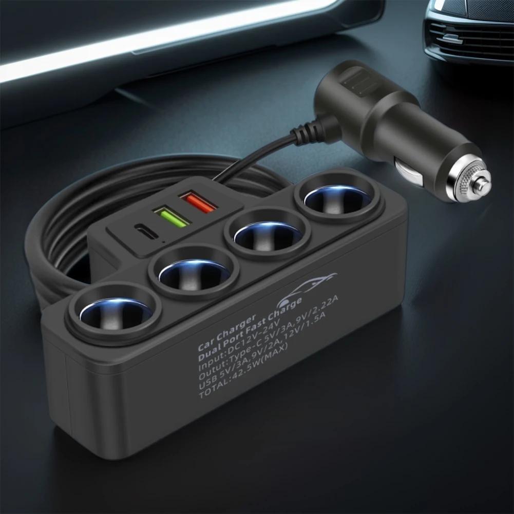 Car USB Charger QC3.0+PD 3.1A 12V-24V Car Cigarette Lighter Splitter 4-Socket 120W Phone Power Adapter USB Phone Charger Adapter