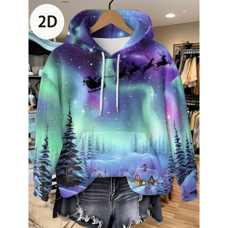 Womens Relaxed Fit Hooded Long Sleeve Sweatshirt With 3D Floral Plaid Print Breathable Comfort Casual Top