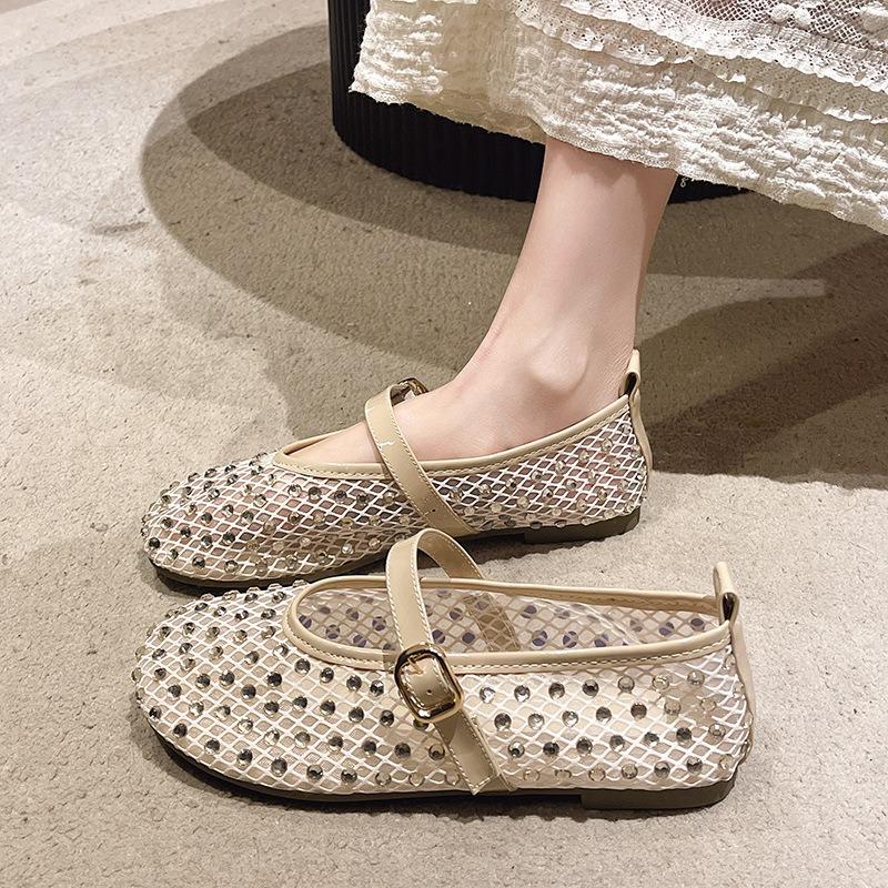 Spring new mesh one-word buckle ballet shoes women's rhinestone flats hollow fishing net Mary Jane single shoes