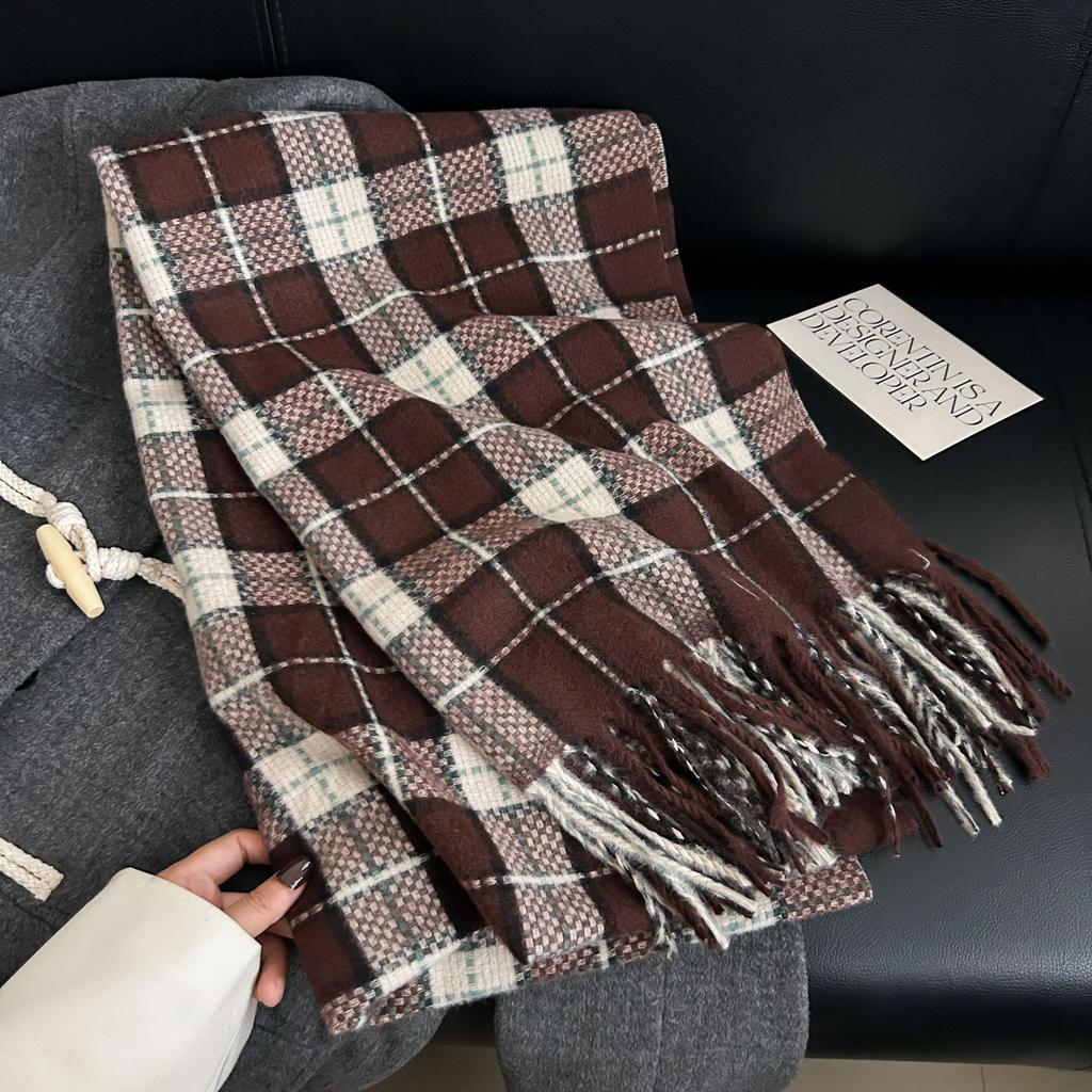 Autumn and Winter High-end Fashion Woven Plaid Scarf Sweet and Elegant Temperament Imitation Cashmere Warm Fringed Shawl