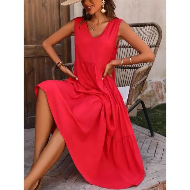 Women Elegant V-neck Loose Long Dresses Casual Vacation Beach Holiday Summer Femme Yellow Black RUFFLES