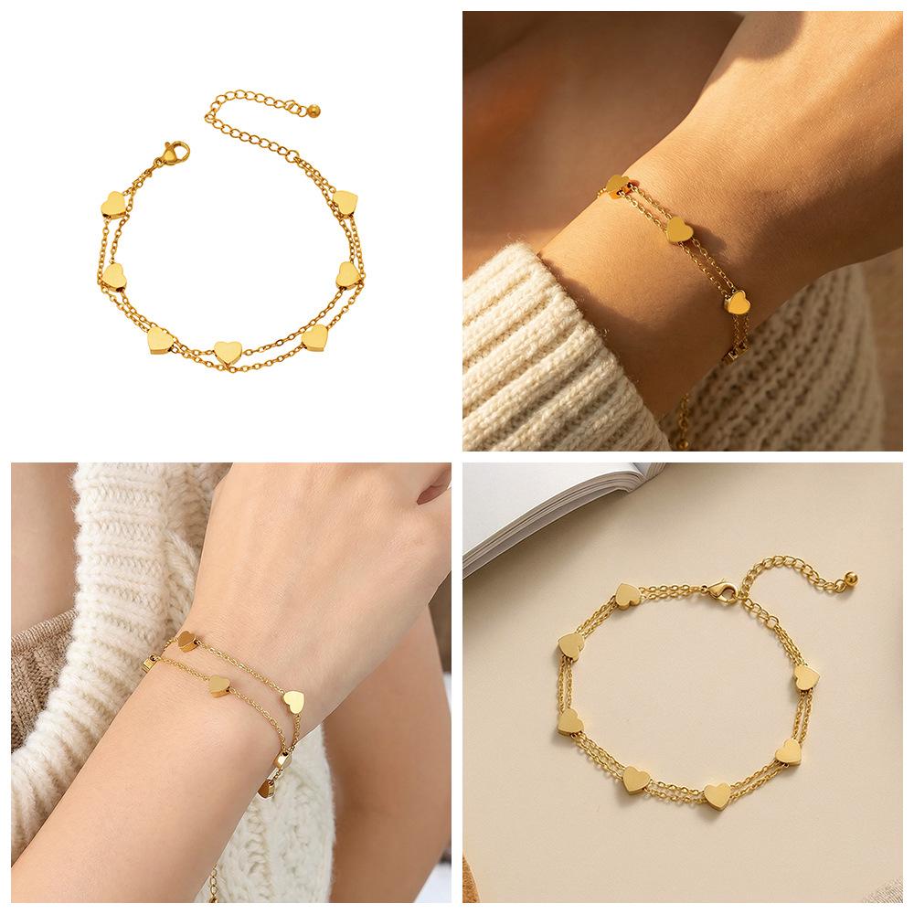 Elegant EU-US Style Double-Layer Heart Bracelet - Cute, Simple, 18K Gold-Plated Stainless Steel Jewelry