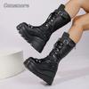 Fashion Punk Style Platform Motorcycle Boots Women Fashion Rivet Buckle Decor Black Booties Woman Thick Sole Wedge Heel Mid Calf Boots