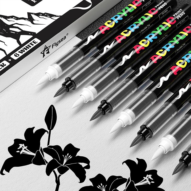Schwarz-Weiß Acryl-Farbstift, 8 Stück Stifte mit großem Tintenvolumen, Ideal für Illustrationen, Skizzieren/Holz-/Steinmalerei/Glas