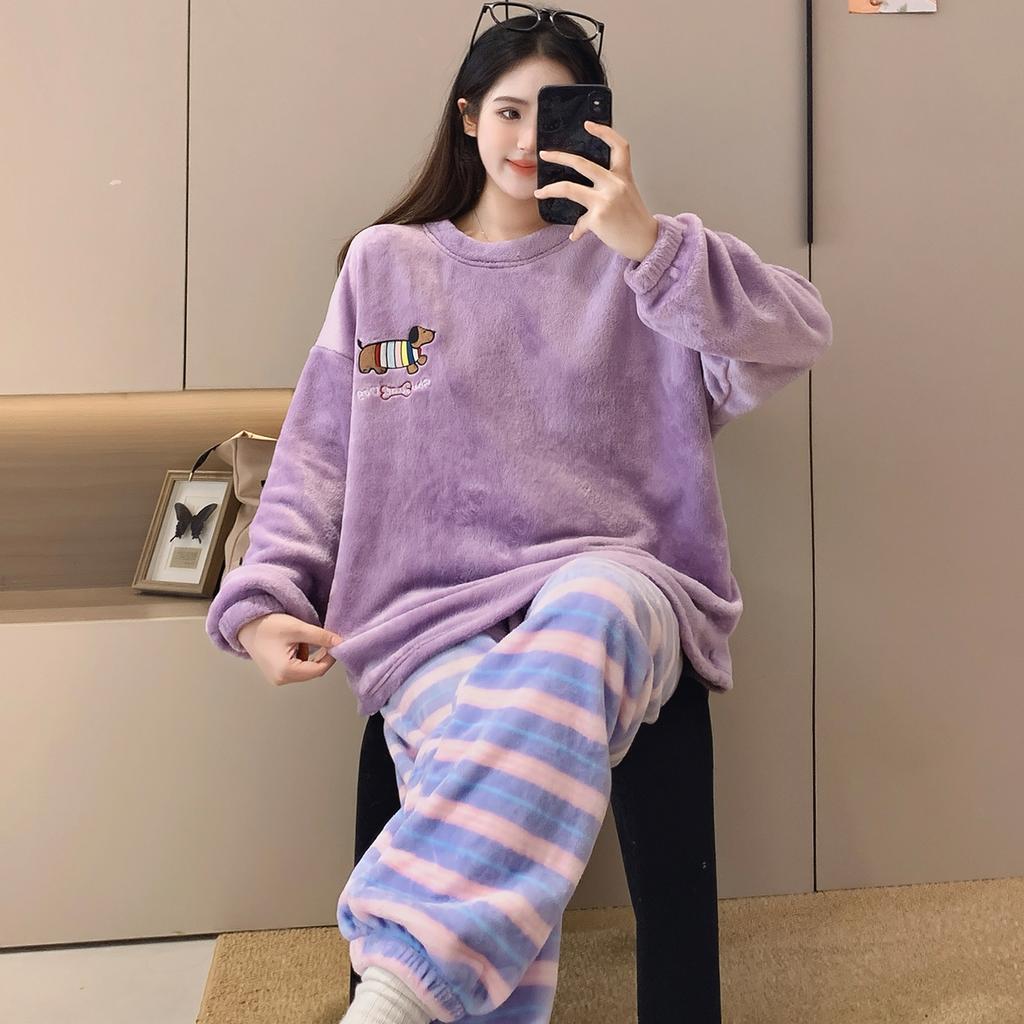 2025 Autumn Winter Warm Flannel Women Pyjamas Sets Thicken Coral Velvet Long Sleeve Cute Cartoon Sleepwear Flannel Pajamas Set for Young Girl