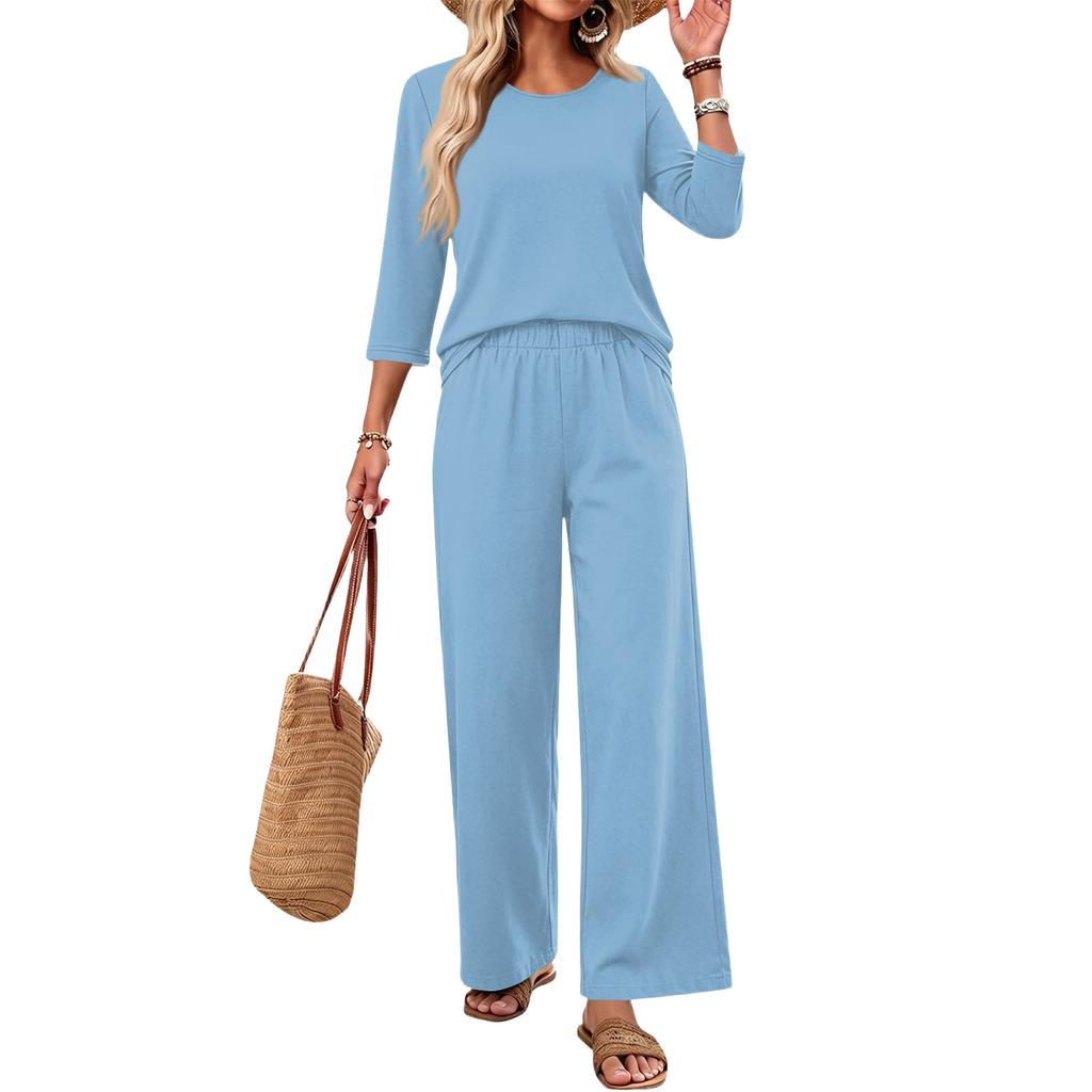 Women Casual Fashion Loose Fit Round Neck Three Quarter Sleeve Top Wide Leg Pants Set Lounge Wear Two Piece Outfit