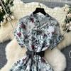 French Vintage Print Lapel Dress Women's Short Sleeve Floral Print High Waist Belt Office Lady Maxi Clothing Female