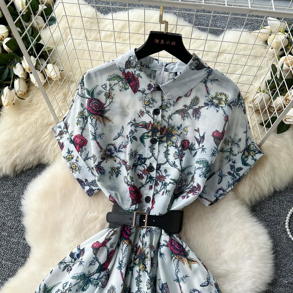 French Vintage Print Lapel Dress Women's Short Sleeve Floral Print High Waist Belt Office Lady Maxi Clothing Female