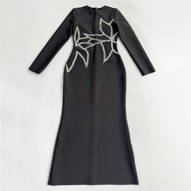 New Slim-fit Bandage Skirt Knitted High-elastic Long-sleeved Dress Waist-side Drill Long Dress Evening Dress Dress