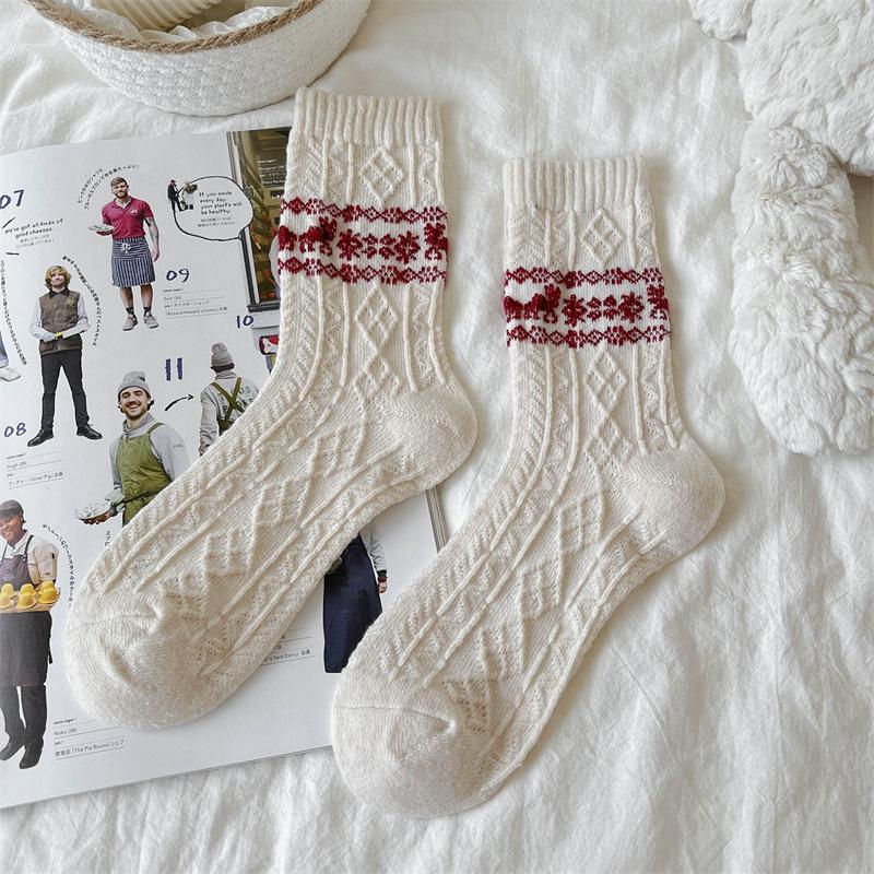 Wool Socks for Women, Mid-calf Socks for Autumn and Winter, Thickened Cashmere for Warmth, Christmas Snowflake Reindeer Long Calf Socks