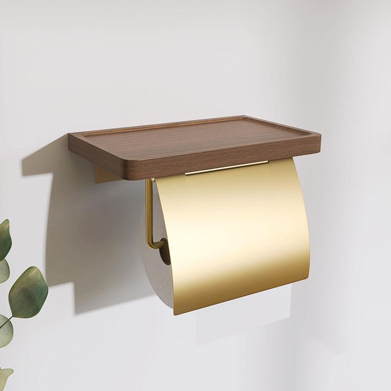 Wood Bathroom Paper Towel Holder Brushed Gold Toilet Paper Roll Holder Wall-mounted Cell Phone Shelving Toilet Paper Box