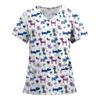 Women's Fashion Printed Short Sleeve V Neck Pattern Tops Pocket Working T-shirts