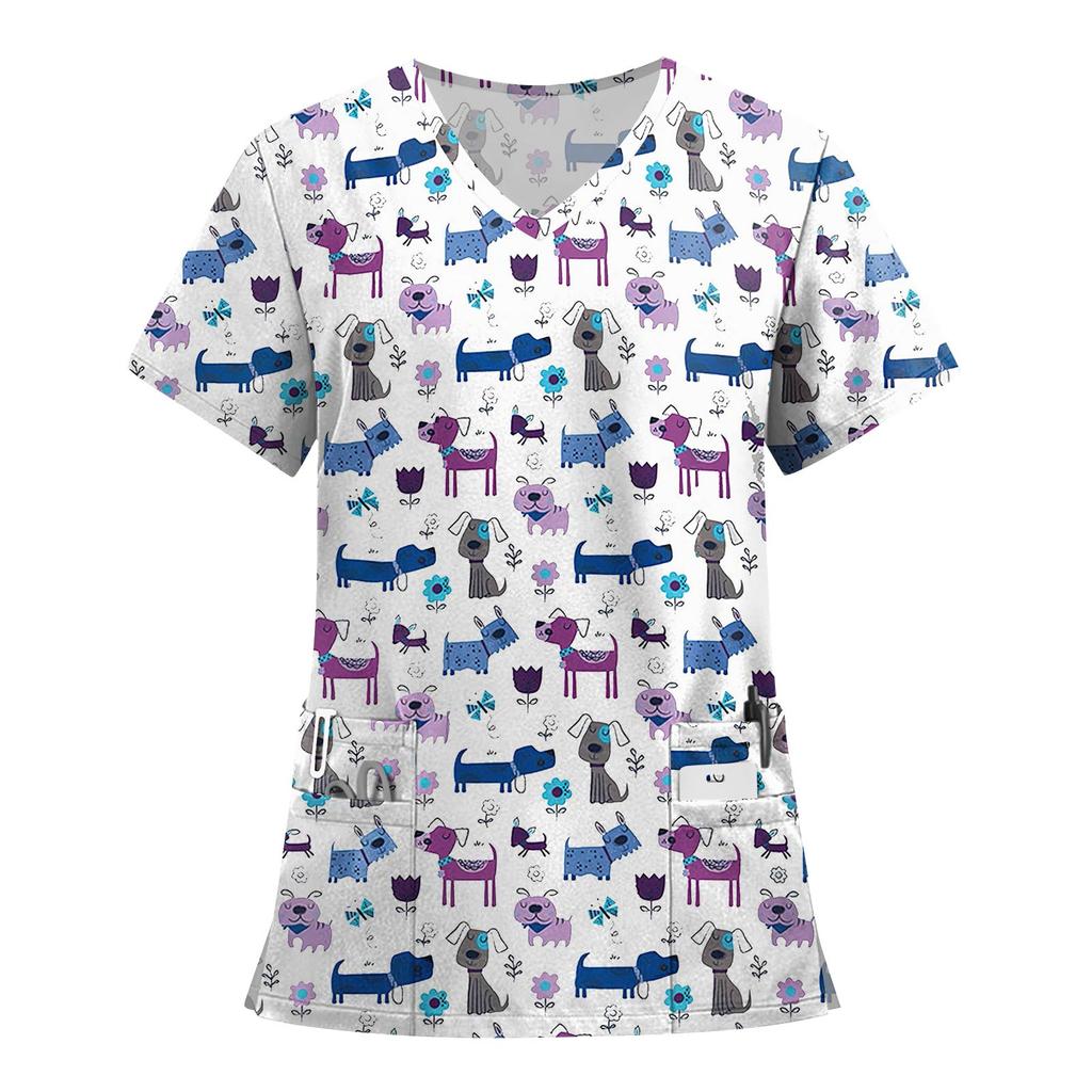 Women's Fashion Printed Short Sleeve V Neck Pattern Tops Pocket Working T-shirts