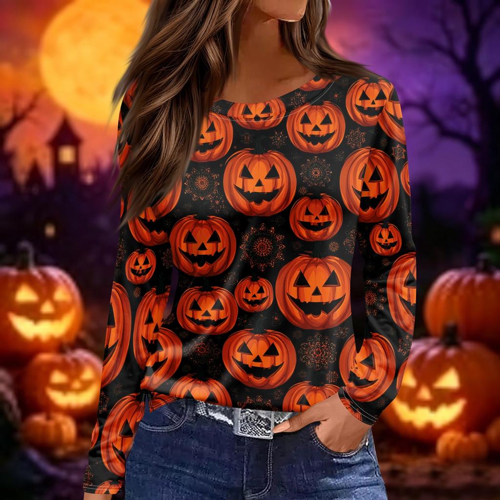 Women's Halloween Print Long Sleeve Round Neck Top with Hem Slits for Casual Fall Outings