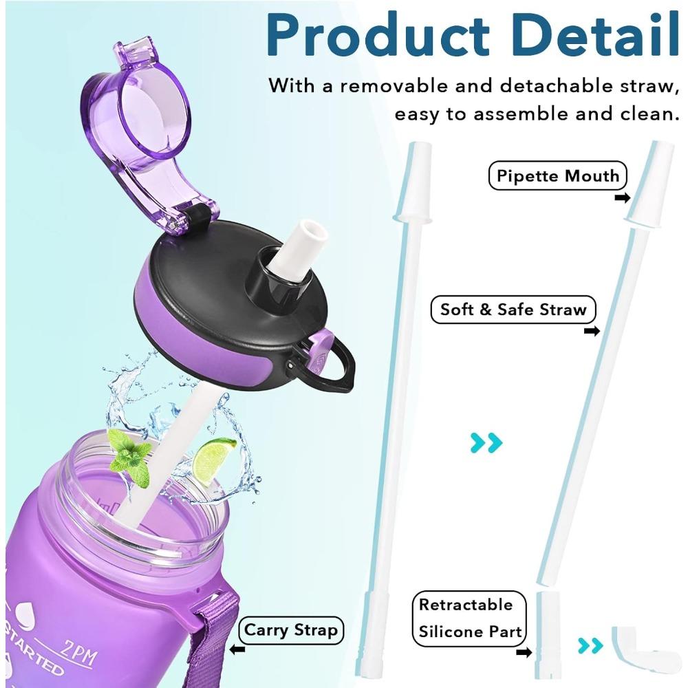 Wasserflasche mit großer Kapazität mit Trinkzeiten und Strohhalm, auslaufsicher, geeignet für Büro, Fitnessstudio, Outdoor-Sport-Wasserflasche