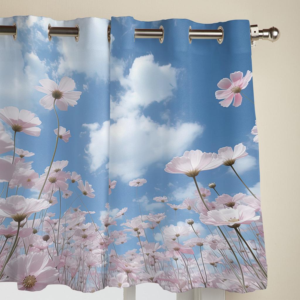 Blauer Himmel Wolken Blumen Vorhänge für Schlafzimmer Wohnzimmer Fensterdekorationen Jalousien Küche Heimdeko Vorhänge