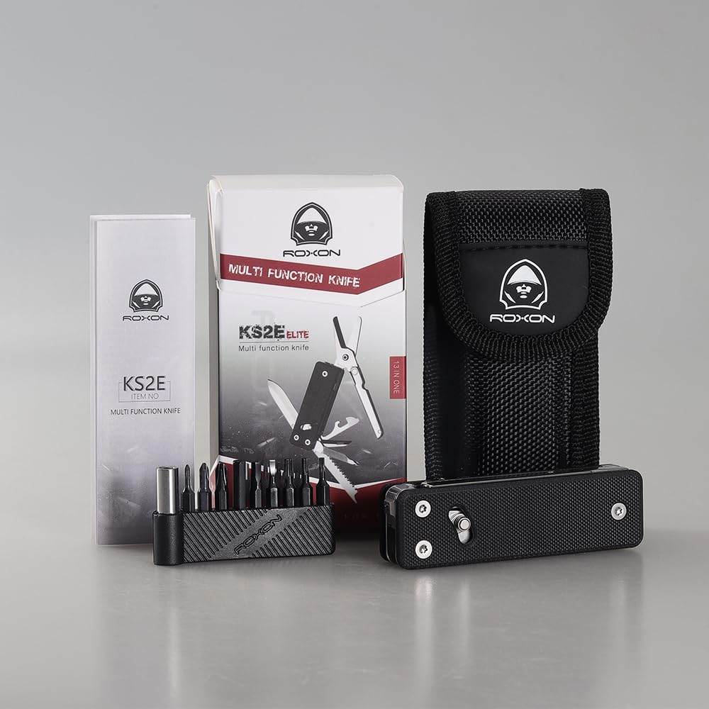 ROXON KS2E Elite D2 Blade 13 In 1 Multi-Tool Functional Pocket Knife with Large Scissors, G10 Handle, Pocket Clip, Perfect for
