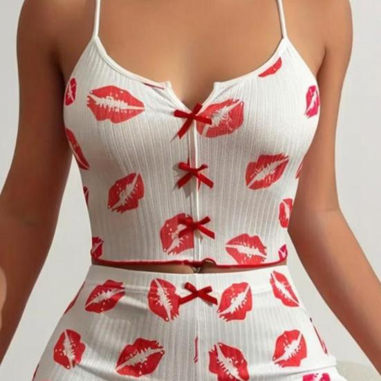 2 Pezzi/Set Pigiama Estivo da Donna Completo Stampa Farfalla Cuore Senza Maniche Schiena Scoperta Cop