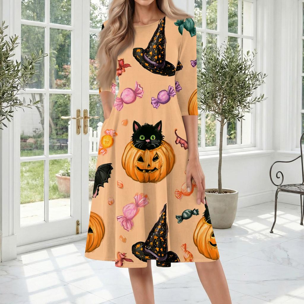 Women's Casual Midi Dress Halloween Print Round Neck Three Quarter Sleeve Mid-Length Dress Comfortable Fit