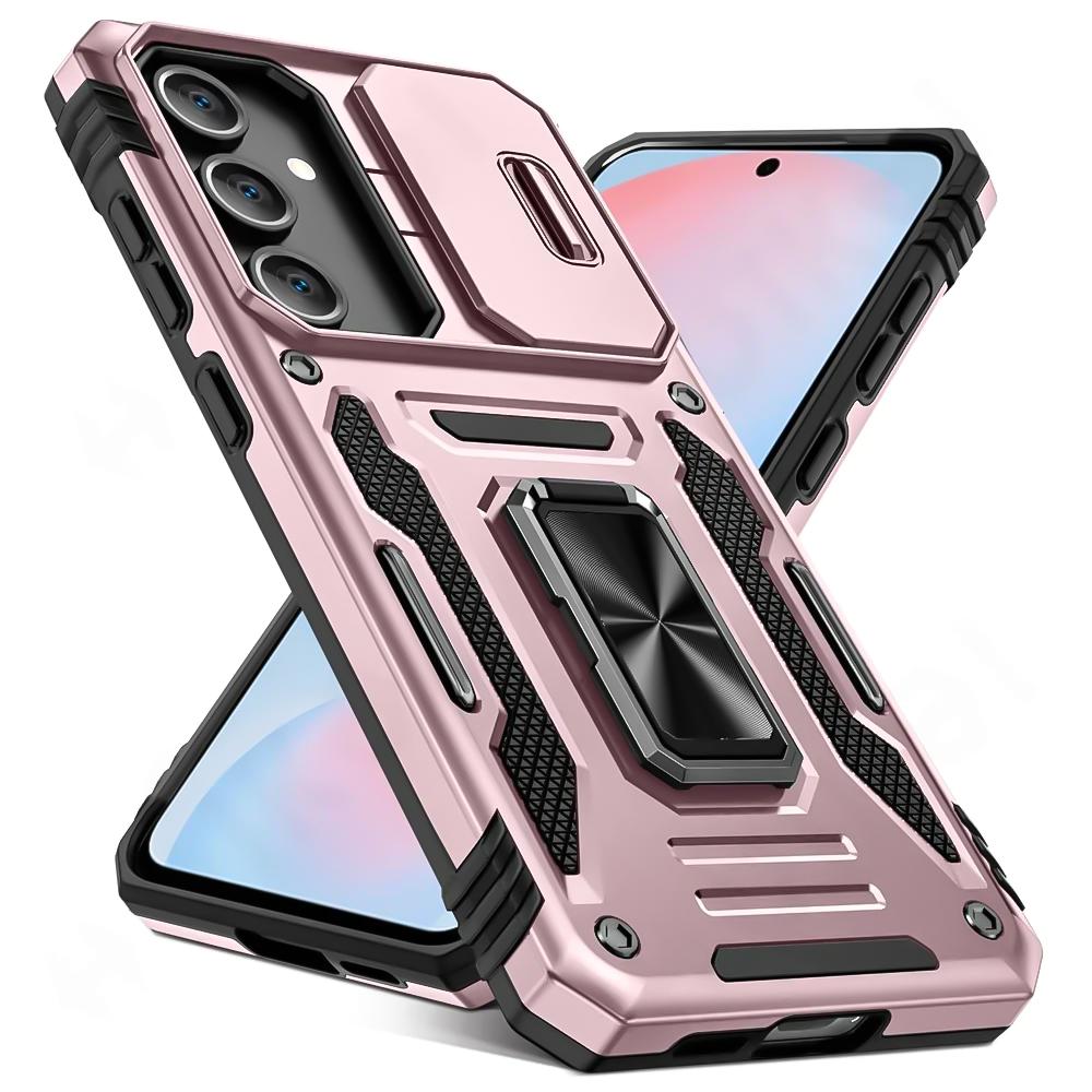 

Slid Camera Defender Phone Case For Samsung A56 A36 A26 A16 A55 A35 A25 A15 A54 A34 A14 A53 A52S Metal Ring Magnetic Stand Cover Galaxy A52 5G розового золота
