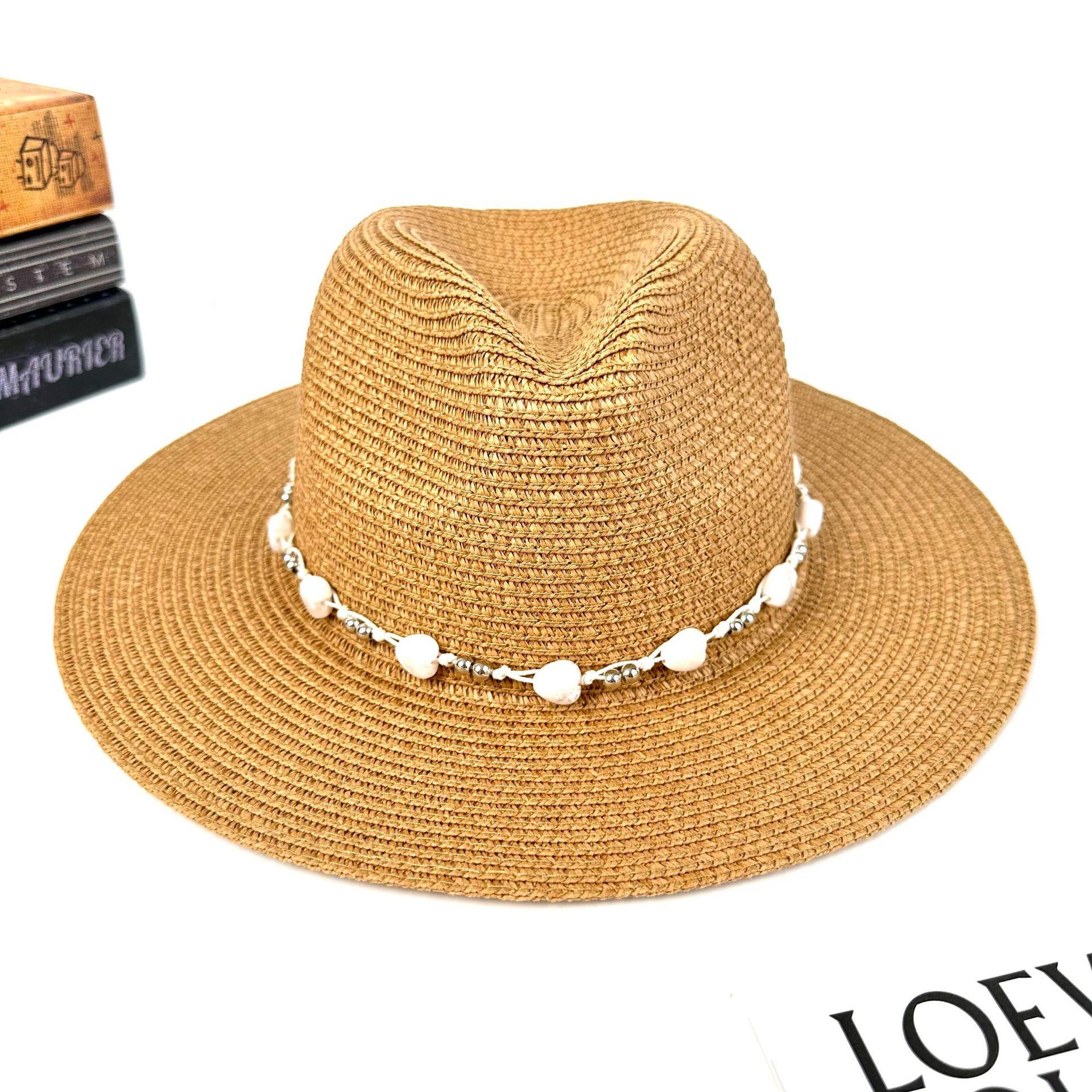 

Bohemian Straw Hat Pink Bead Decorative Sun Hat Seaside Vacation Beach Hat Ladies Shade Sun Hat M（56-58cm） темного кольору хакі