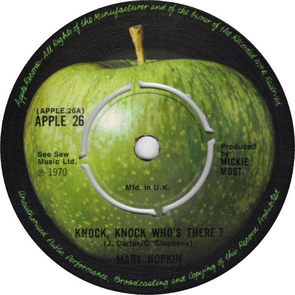 

7-дюймовая пластинка MARY HOPKIN Knock Knock Whos There APPLE26 Apple Records 1970 Великобритания Поп Б/у