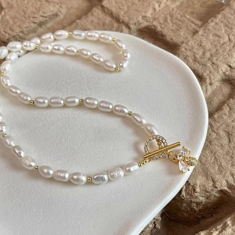 New Arrival Sweet Honeybee Design 100% Natural Freshwater Pearl 14K Gold Filled Female Beads Chain Necklace For Women