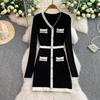 Spring Autumn Women V-neck Full Sleeve Knitted Sweater Mini Short Sheath Pullover Dresses