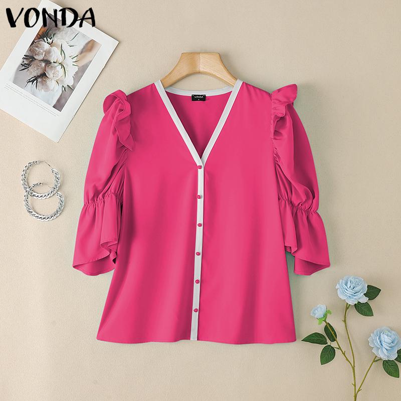 VONDA Women Summer V Neck Puff Half Sleeve Ruffled Buttons Casual Blouse