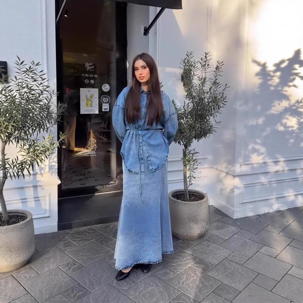 2025 Cross-border European and American Autumn New Denim Waist Hip Skirt Fashion Lace-up Long-sleeved Top Elegant