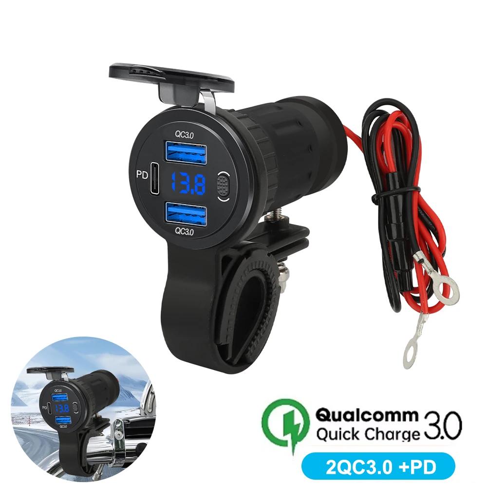 3-Ports 12V Motorcycle QC 3.0 USB Fast Charger Waterproof with Type C Port New PD Outlet Handlebar Mounting Cellphone Chargers