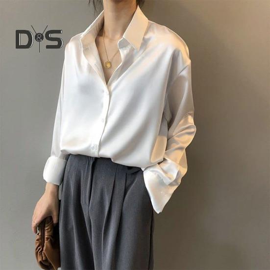 Damen-Hemd mit Revers, langärmelig, einreihig, Oberteile, einfarbig, glatter Satin, lockere Passform, vielseitiges Hemd